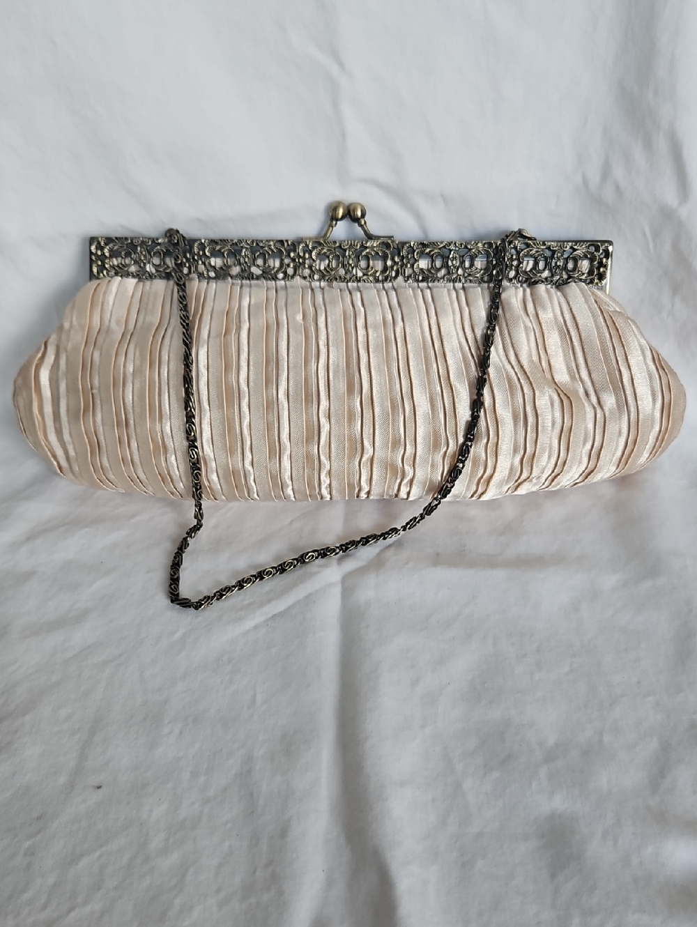 Elegant Cream Pleated Evening Clutch with Antique Silver Frame